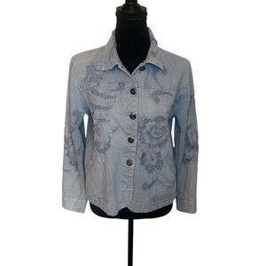 Moka Sport Women Sz S Denim Jacket Cropped Cutout Light wash Paisley Western